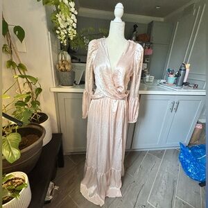 RAHI Anthropologie  Leila Luster Long Sleeve Midi Dress in Champagne